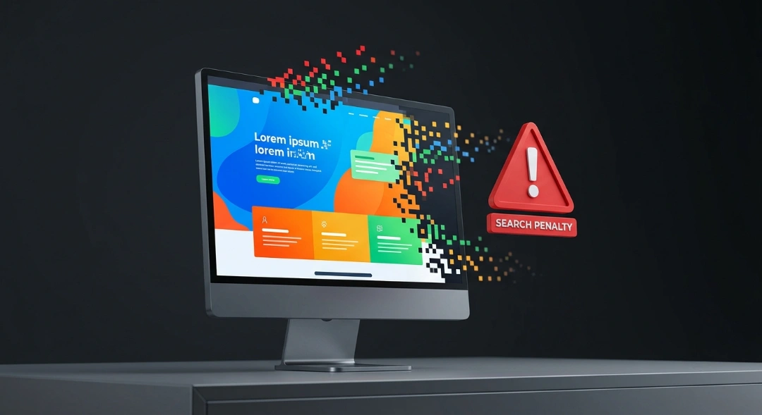 A 3D illustration of a desktop monitor showing a website homepage breaking apart into pixelated pieces with a red search penalty warning sign next to it.