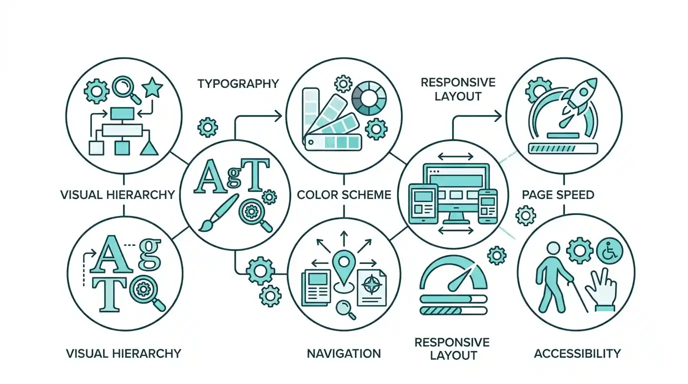 Infographic showing elements of why is web design important, including visual hierarchy, typography, color scheme, navigation, responsive layout, page speed, and accessibility
