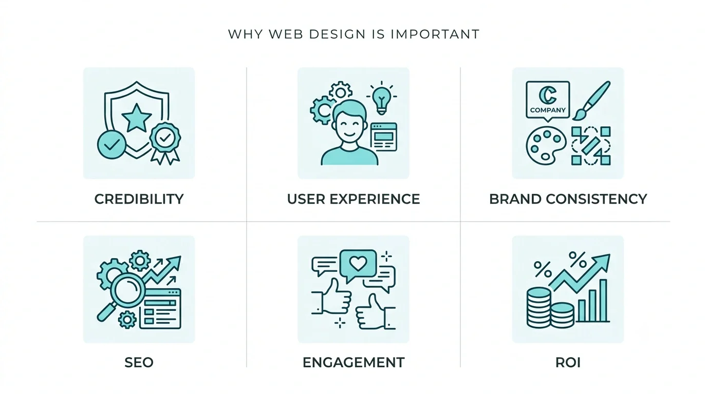Infographic showing why is web design important, covering credibility, user experience, brand consistency, SEO, engagement, and ROI