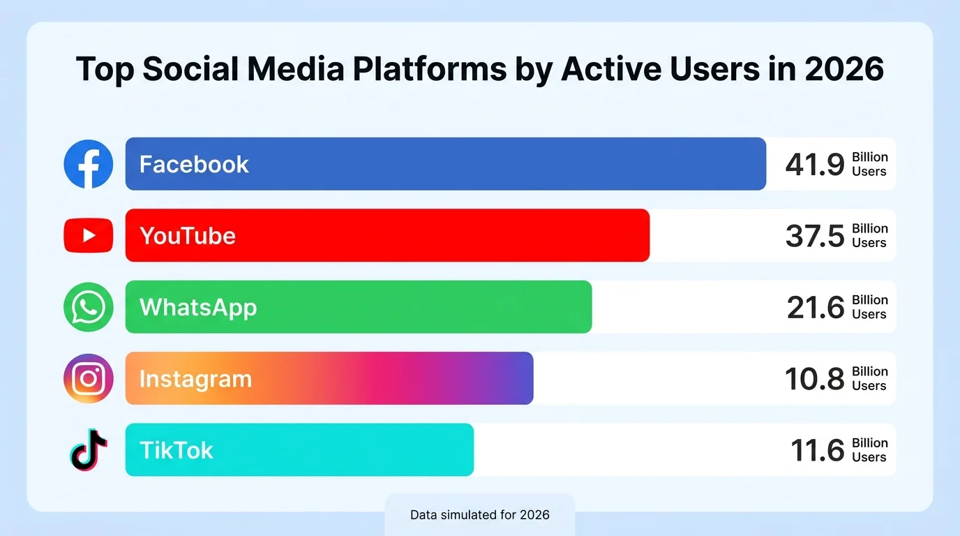 A bar chart comparing the top social media platforms by global monthly active users, featuring simulated data for Facebook, YouTube, WhatsApp, Instagram, and TikTok as of 2026.