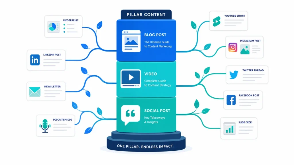 What Is a Content Pillar? Diagram showing pillar content — blog post, video, and social post — repurposed into infographic, LinkedIn post, newsletter, podcast, YouTube short, Instagram post, Twitter thread, Facebook post, and slide deck