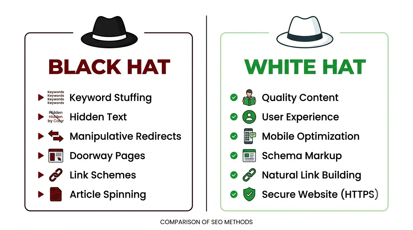 A side-by-side comparison infographic of white hat vs black hat search engine optimization, highlighting ethical tactics like quality content and user experience against manipulative techniques like keyword stuffing and link schemes.