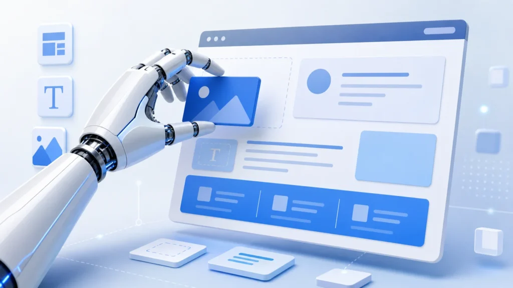 AI robot hand assembling website layout blocks - are websites built with AI builders SEO-friendly in the United States
