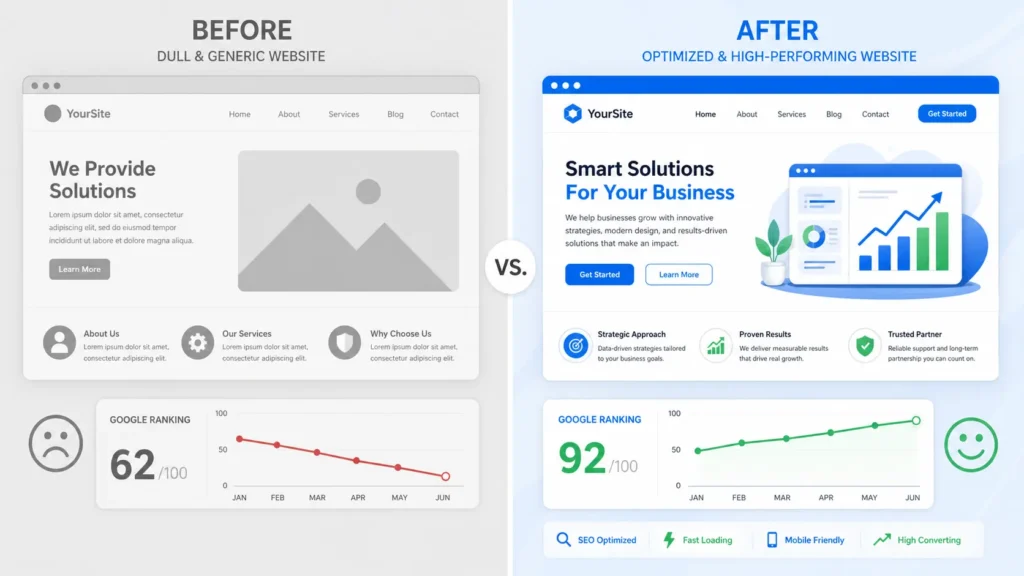 Before and after comparison of AI-built website SEO ranking improving from 62 to 92 after optimization in the United States