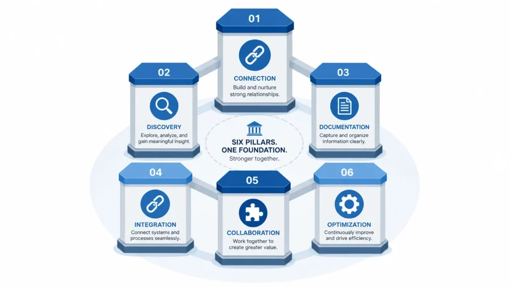 Infographic showing six connected pillars of a semantic SEO framework: Connection, Discovery, Documentation, Integration, Collaboration, and Optimization, arranged around a central "Six Pillars, One Foundation" hub