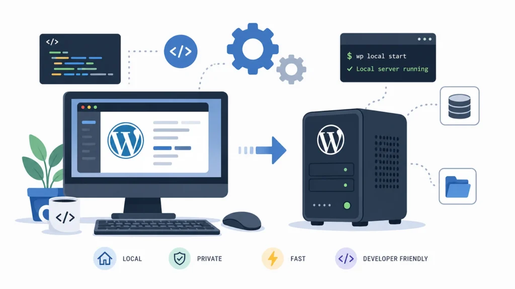 Desktop computer running a local WordPress installation connected to a local server, illustrating how to build a WordPress site without hosting using tools like a local development environment