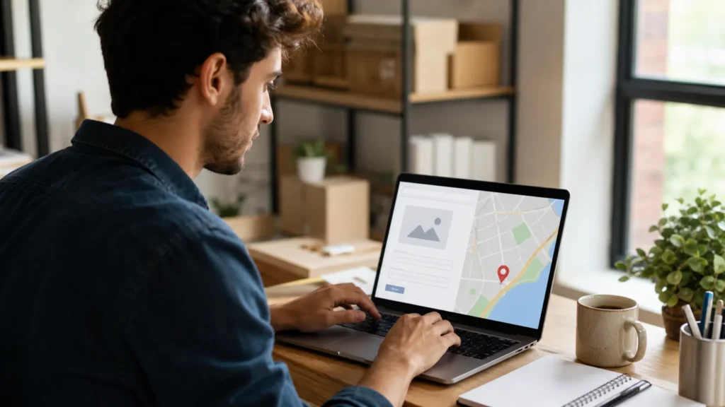 Business owner creating a new GMB listing on a laptop with a map and profile form on screen