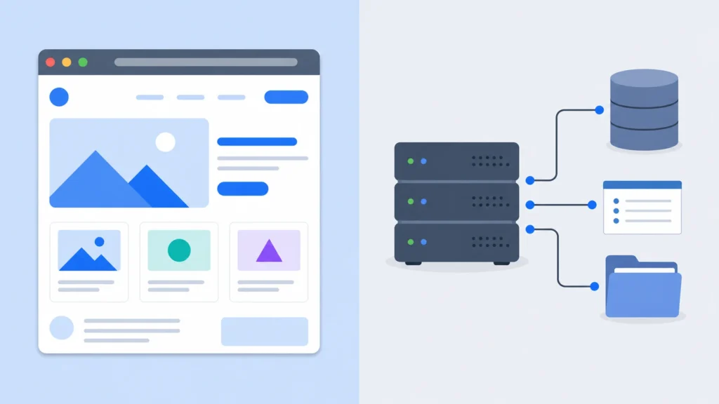 Split illustration comparing a website's front-end interface with a back-end server, database, and file storage