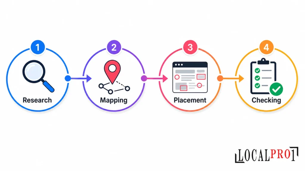 Four-step workflow for keyword targeting and on-page SEO: research, mapping, placement, and checking