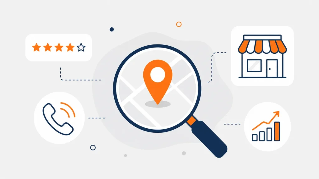 Local SEO benefits shown by a magnifying glass over a map pin with reviews, calls, a storefront and a growth chart