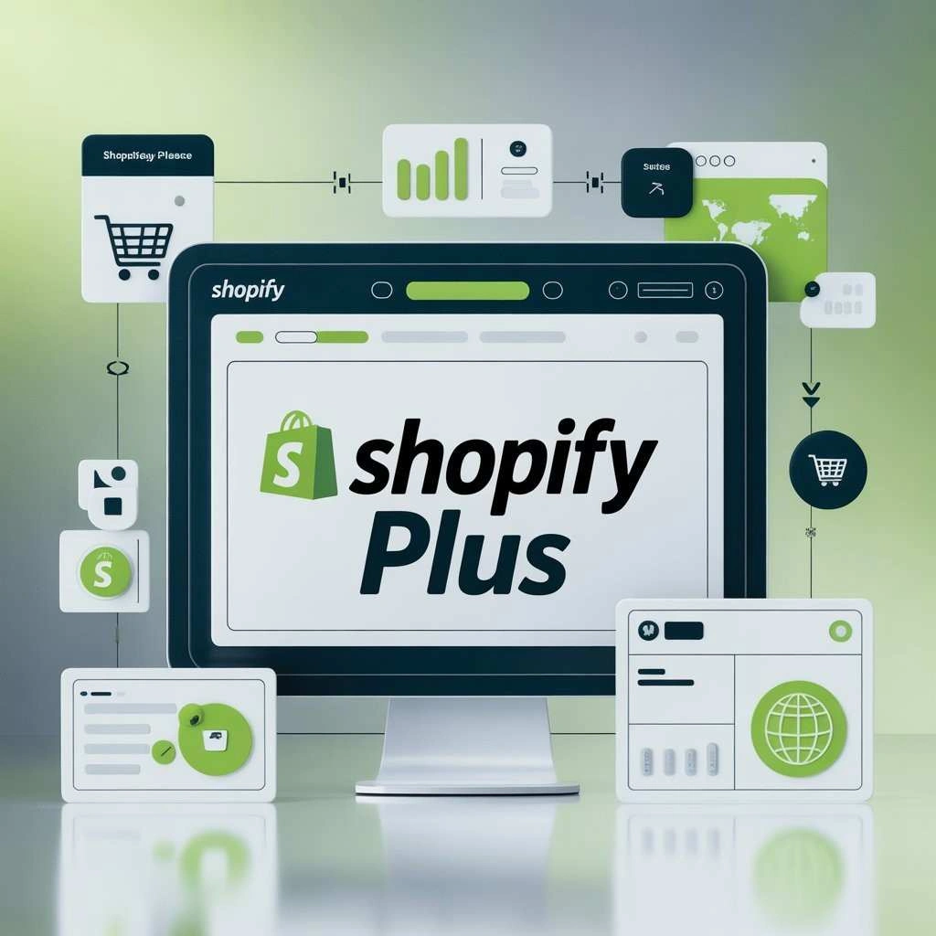 Shopify Plus dashboard displayed on a desktop monitor surrounded by e-commerce icons including a shopping cart, analytics bar chart, and global storefront — illustrating whether Shopify Plus is worth it for scaling businesses