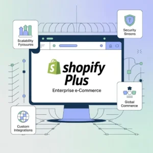 What is Shopify Plus?Shopify Plus enterprise eCommerce platform showing scalability, security, global commerce, and custom integrations features on a computer screen