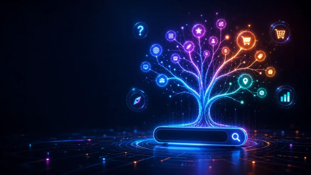 How many types of keywords in SEO shown as a glowing digital tree growing from a search bar with keyword icons