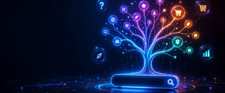 How many types of keywords in SEO shown as a glowing digital tree growing from a search bar with keyword icons
