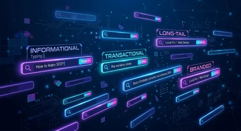 Infographic showing how many types of keywords in seo, including informational, transactional, long-tail, and branded keyword examples with search bar icons