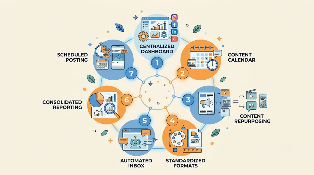 7 proven strategies to manage multiple social media accounts: centralized dashboard, content calendar, content repurposing, standardized formats, automated inbox, consolidated reporting, scheduled posting