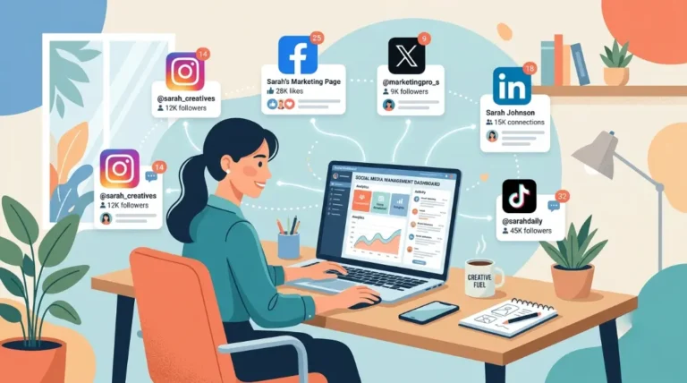 Marketer using a social media management dashboard to manage multiple social media accounts across Instagram, Facebook, X, LinkedIn, and TikTok