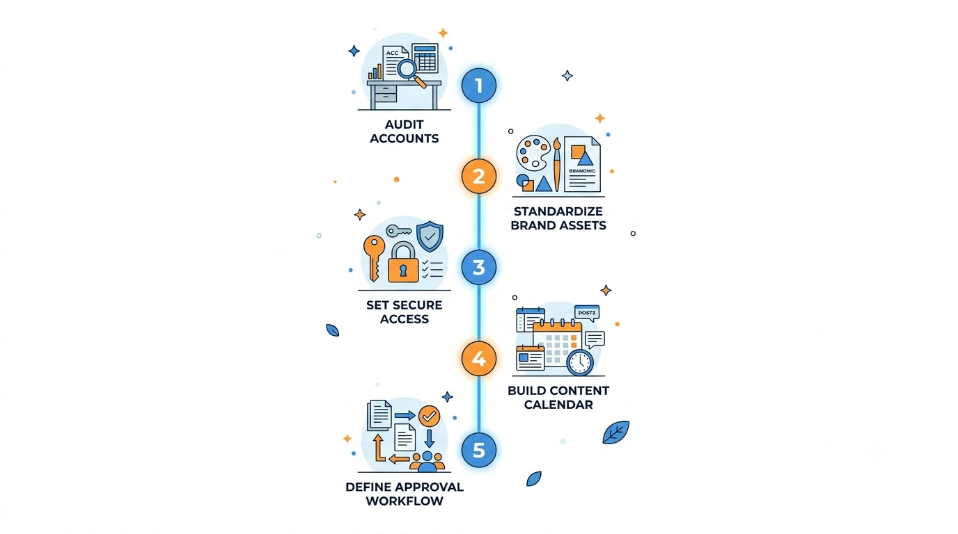 5-step infographic on how to manage multiple social media accounts: audit accounts, standardize brand assets, set secure access, build content calendar, define approval workflow