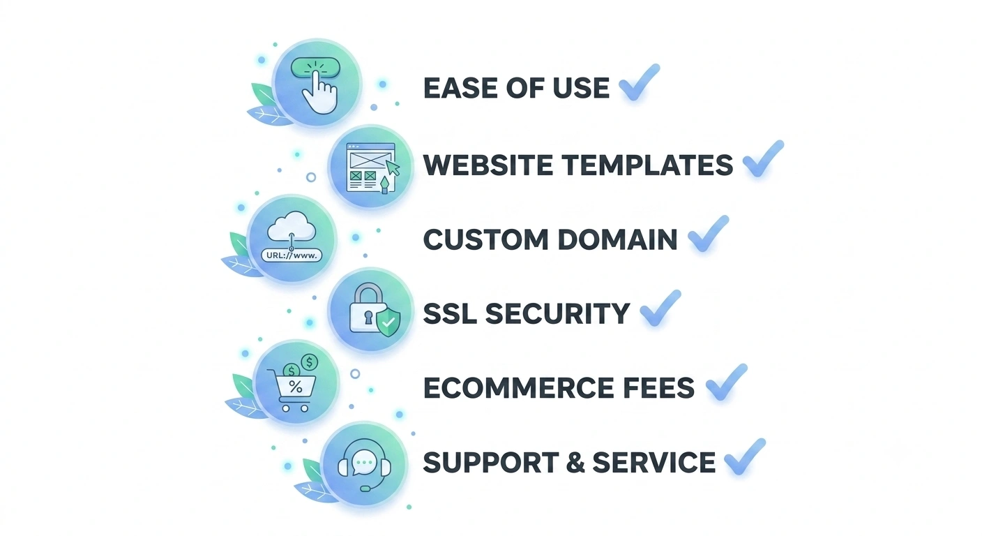 Checklist infographic on key factors to consider before choosing a website builder, covering ease of use, website templates, custom domain, and SSL security