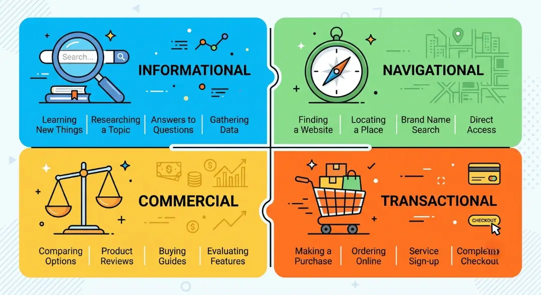 Four-quadrant SEO infographic breaking down informational, navigational, commercial, and transactional search intent types with icons and examples.