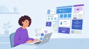 What are the top 3 website builders? Illustration of a woman using a drag and drop website builder to design a webpage with header, gallery, and CTA blocks