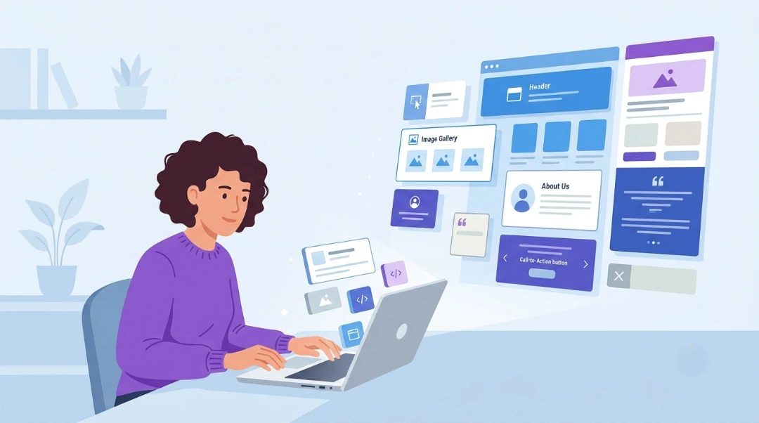 What are the top 3 website builders? Illustration of a woman using a drag and drop website builder to design a webpage with header, gallery, and CTA blocks