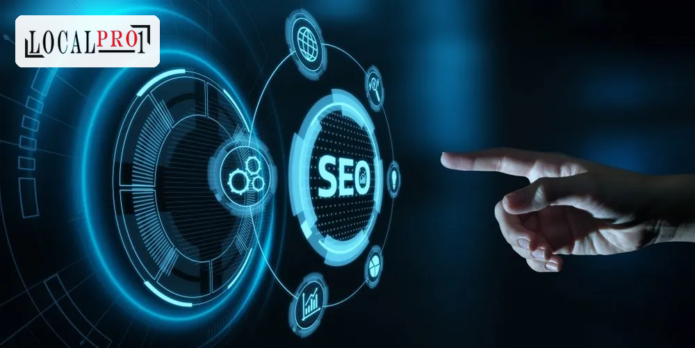Futuristic SEO dashboard with globe, analytics, and search icons connected in a digital network