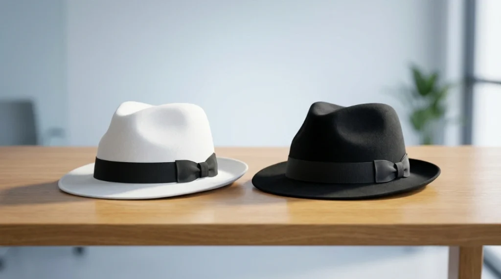 An illustration of a white hat and a black hat on a wooden desk, symbolizing what is white hat and black hat seo guidelines and search engine optimization tactics.