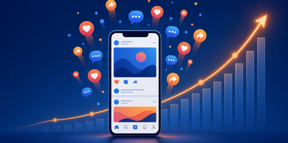 Smartphone feed with likes, comments and shares rising beside a growth chart, showing how to grow your social media presence