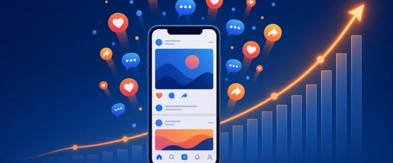 How to Grow Your Social Media Presence Smartphone feed with likes, comments and shares rising beside a growth chart, showing how to grow your social media presence