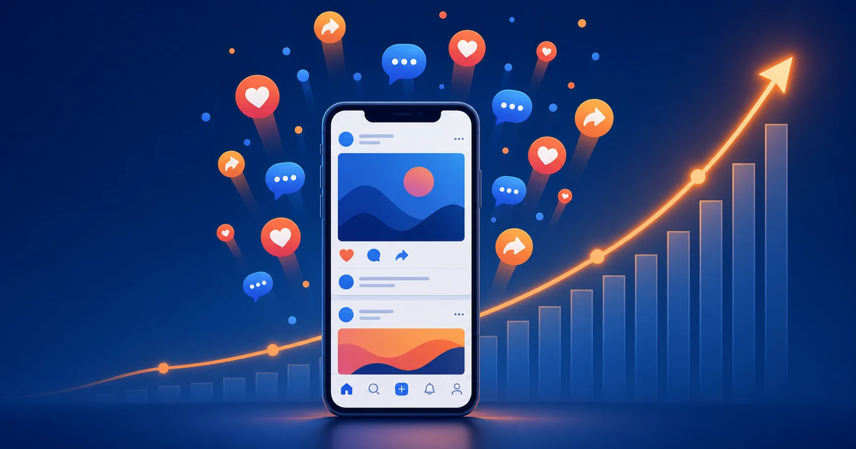 Smartphone feed with likes, comments and shares rising beside a growth chart, showing how to grow your social media presence