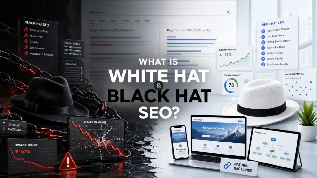 What Is White Hat and Black Hat SEO showing ethical SEO practices versus risky black hat SEO techniques