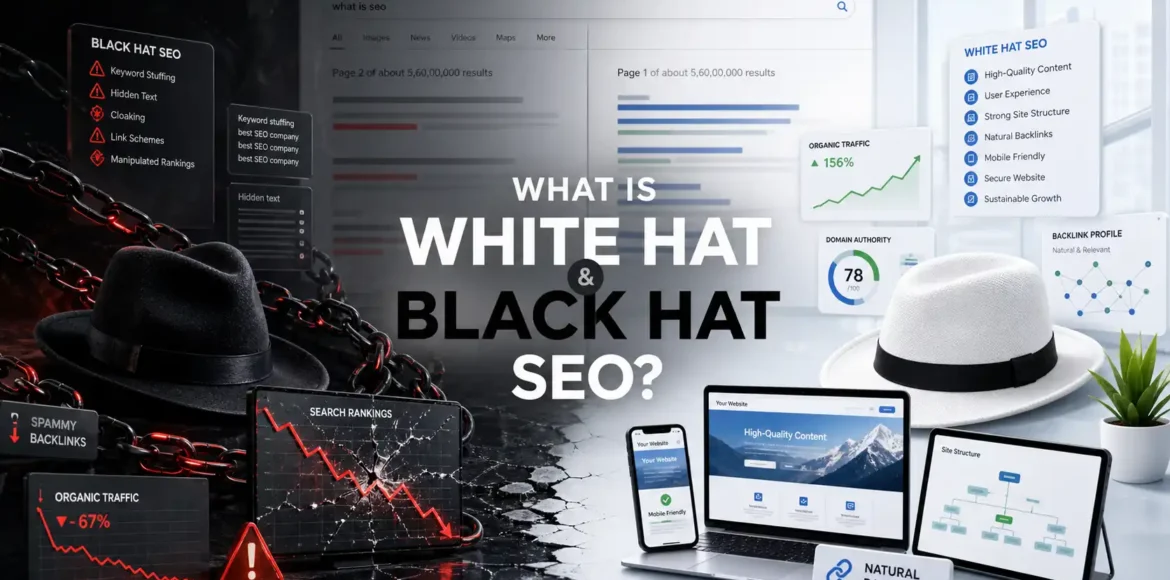 What Is White Hat and Black Hat SEO showing ethical SEO practices versus risky black hat SEO techniques