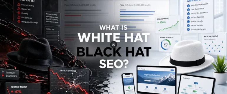 What Is White Hat and Black Hat SEO showing ethical SEO practices versus risky black hat SEO techniques