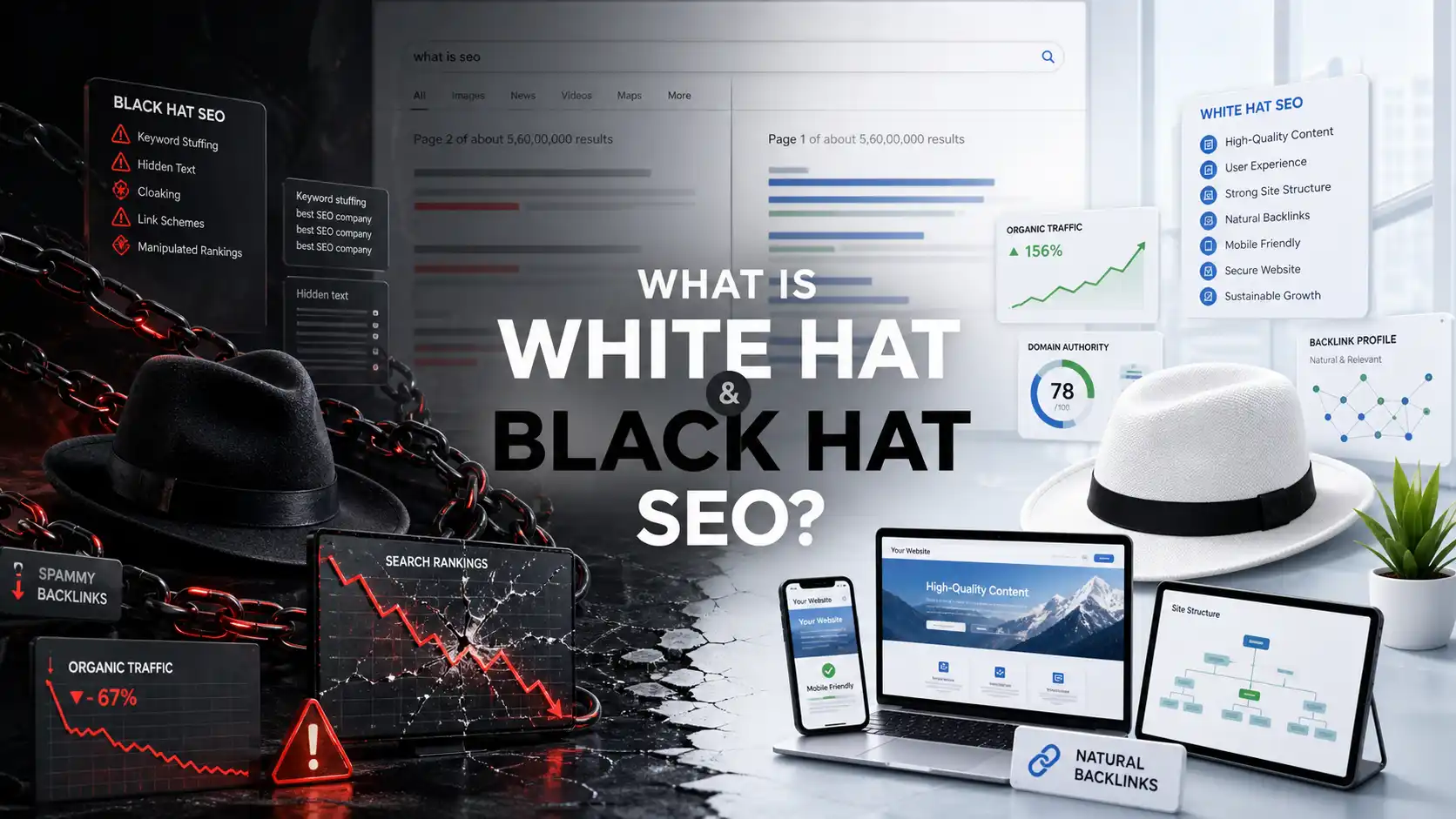 What Is White Hat and Black Hat SEO showing ethical SEO practices versus risky black hat SEO techniques