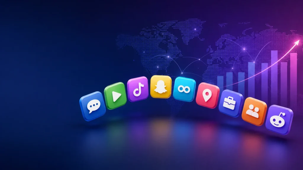 Top 10 social media platforms 2026 shown as colorful app icons over a world map with a rising user growth chart. What Is the Top 10 Social Media Platform