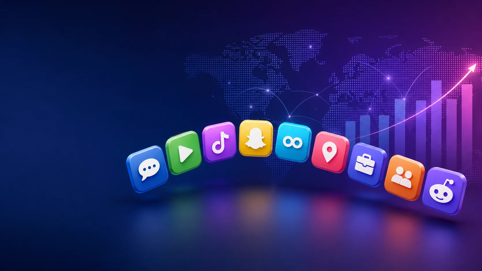 Top 10 social media platforms 2026 shown as colorful app icons over a world map with a rising user growth chart. What Is the Top 10 Social Media Platform