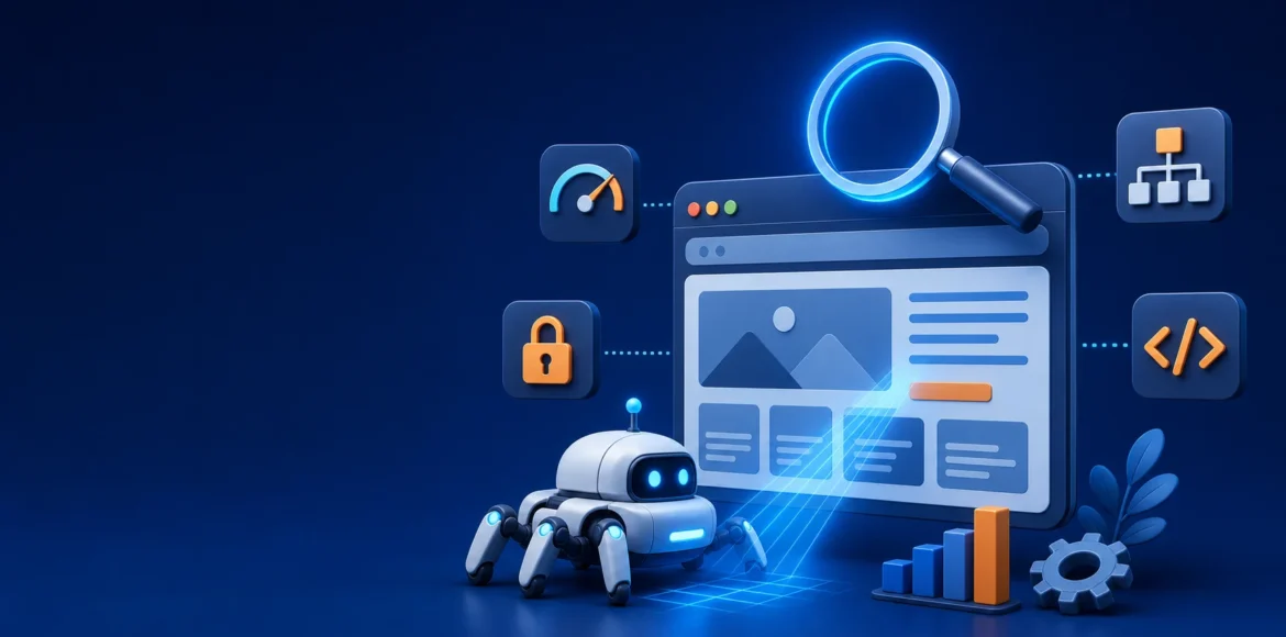 What is technical SEO: crawler robot scanning a website with speed, security, sitemap and code icons