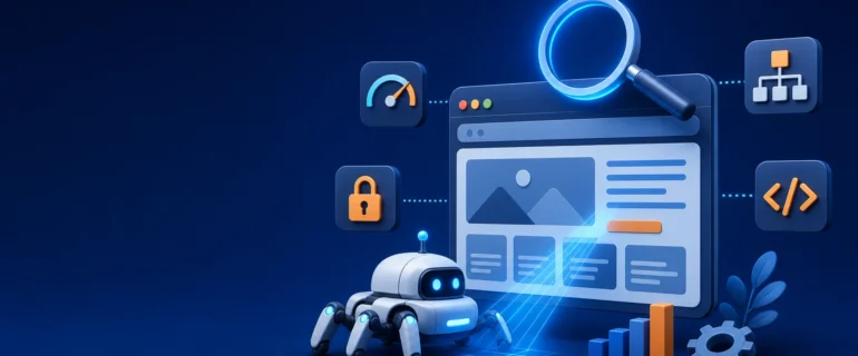 What is Technical SEO What is technical SEO: crawler robot scanning a website with speed, security, sitemap and code icons