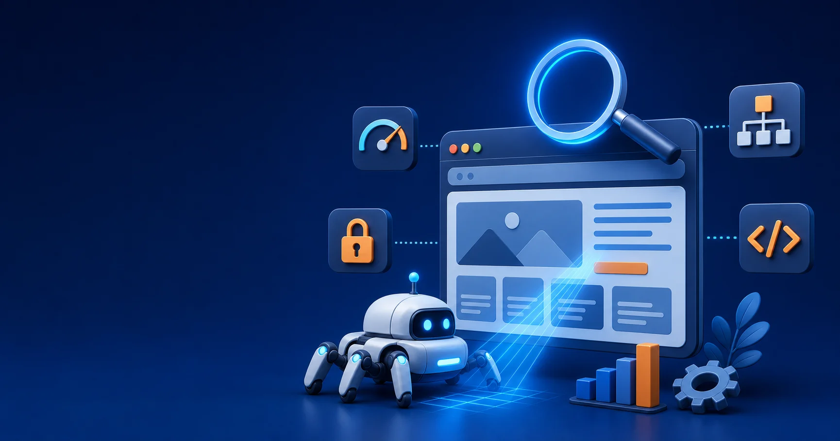 What is technical SEO: crawler robot scanning a website with speed, security, sitemap and code icons