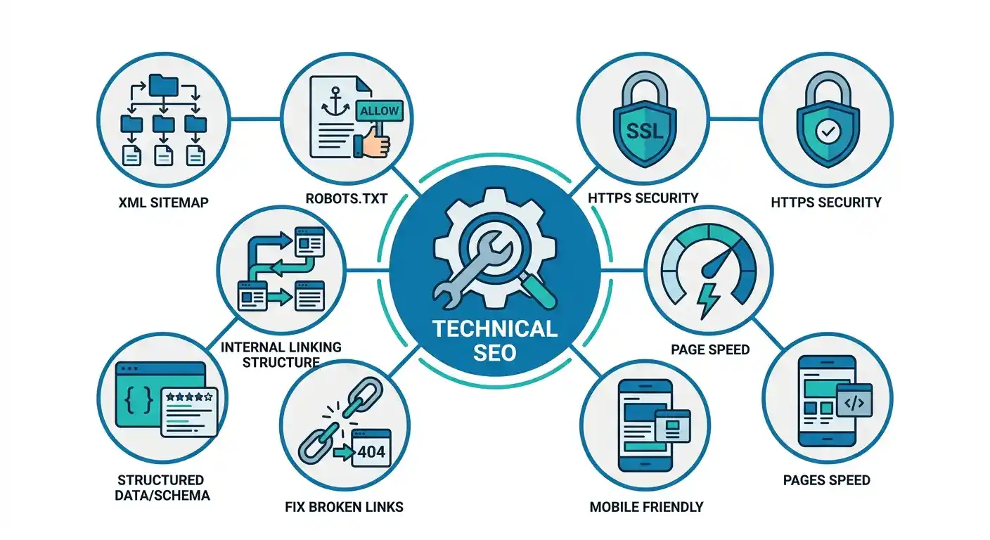 An infographic illustrating the core components of technical SEO, including XML sitemap, robots.txt, HTTPS security, internal linking structure, page speed, structured data schema, and broken links fix.