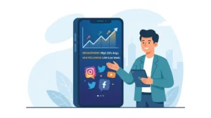 How to build a brand on social media shown through rising engagement, follower growth, and Instagram, Facebook, YouTube, and X icons on a smartphone