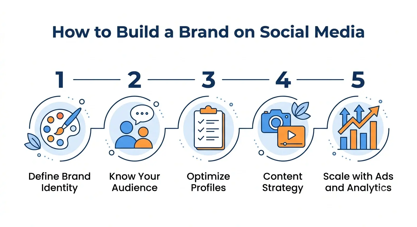 Five steps take you from brand identity to a scalable social media brand strategy backed by ads and analytics.