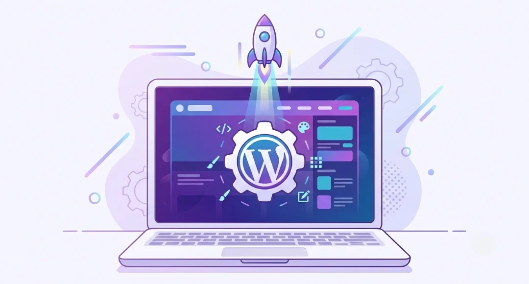 Flat illustration of a laptop showing how to install wordpress on hostinger website with a WordPress gear icon and a launching rocket.