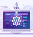 Flat illustration of a laptop showing how to install wordpress on hostinger website with a WordPress gear icon and a launching rocket.