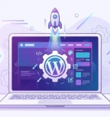 Flat illustration of a laptop showing how to install wordpress on hostinger website with a WordPress gear icon and a launching rocket.