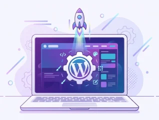 Flat illustration of a laptop showing how to install wordpress on hostinger website with a WordPress gear icon and a launching rocket.
