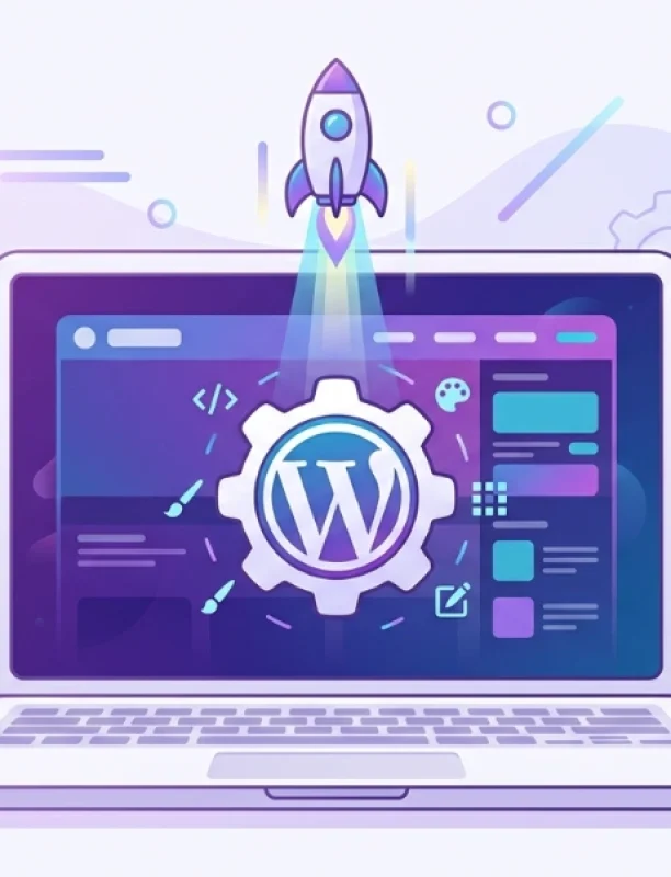Flat illustration of a laptop showing how to install wordpress on hostinger website with a WordPress gear icon and a launching rocket.