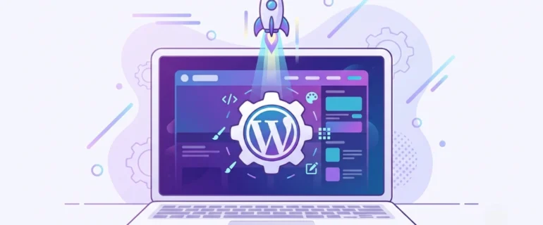 how-to-install-wordpress-on-hostinger-website Flat illustration of a laptop showing how to install wordpress on hostinger website with a WordPress gear icon and a launching rocket.