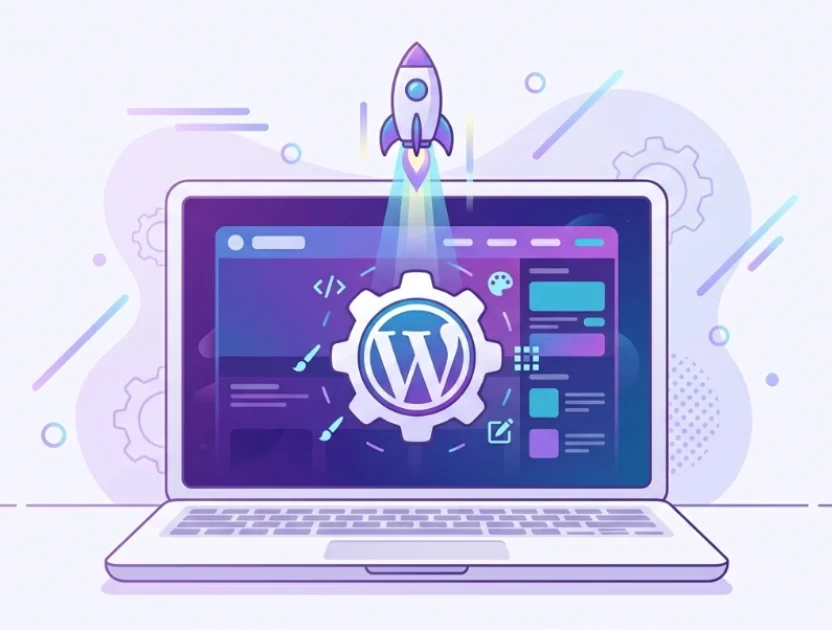 Flat illustration of a laptop showing how to install wordpress on hostinger website with a WordPress gear icon and a launching rocket.